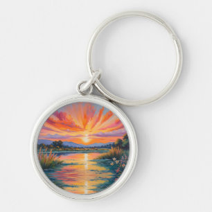 Porte-clés Lever de soleil à l'aquarelle de l'étang