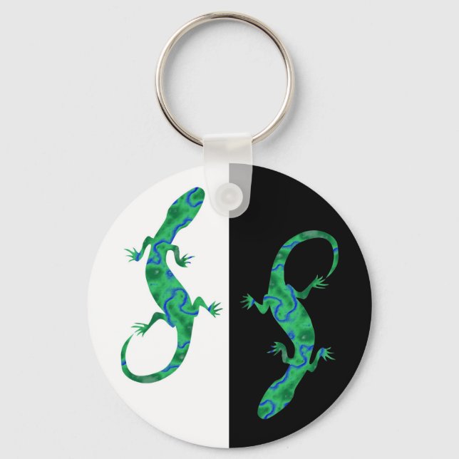 Porte-clés Lézard vert ArtDeco noir et blanc (Recto)