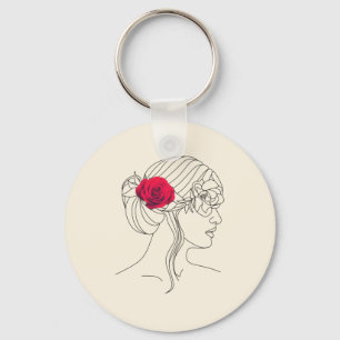 Porte-clés Ligne continue femme avec Rose rouge sur les cheve