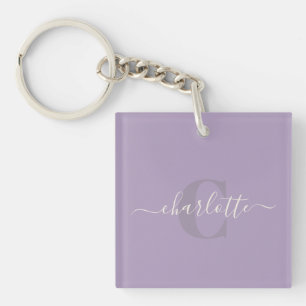 Porte-clés Lila Violet Monogramme de nom personnalisé en éc