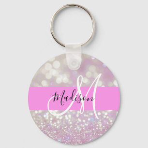 Porte-clés Lilac Girly Pailleté Monogramme Nom