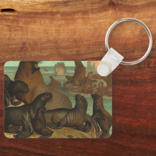 Porte-clés Lions de mer vintage sur la plage, Animaux de la v