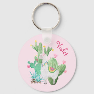 Porte-clés Llama blanche & Cactus avec Fleurs - Rose pastel