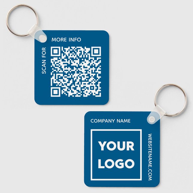 Porte-clés Logo et texte du code QR personnalisé Bleu (Custom QR Code Logo and Text Corporate Swag Blue Keychain, front/back)