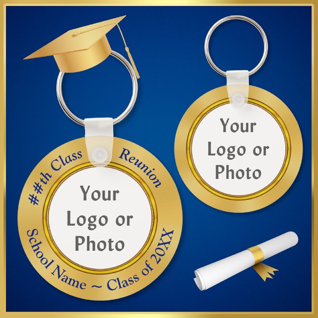 Porte-clés LOGO, PHOTO, TEXTE Classe Réunion Idées cadeaux (Blue Gold, Class Reunion Party Favors with School Photo or Logo. Inexpensive Class Reunion Gifts.   )