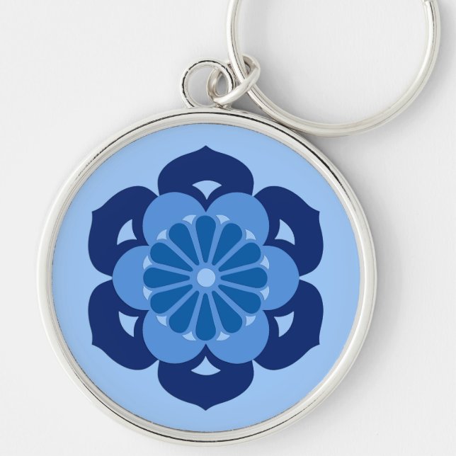Porte-clés Lotus Flower Mandala, Indigo et bleu clair (Devant)
