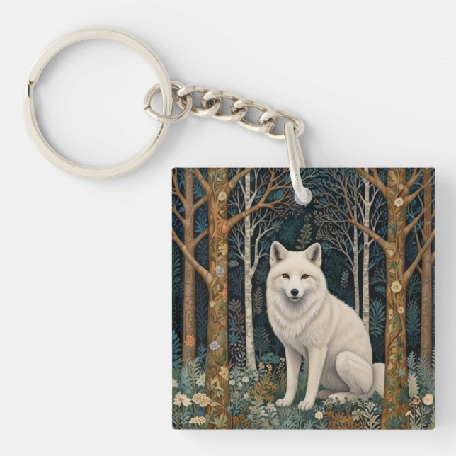 Porte-clés Loup blanc vintage boho forêt boisée  (Devant)