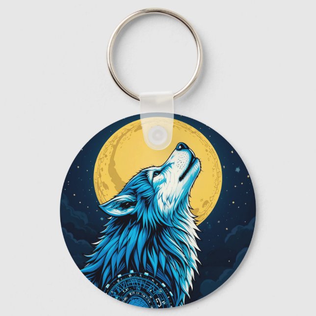 Porte-clés Loup bleu mystique hurlant à la pleine lune (Recto)