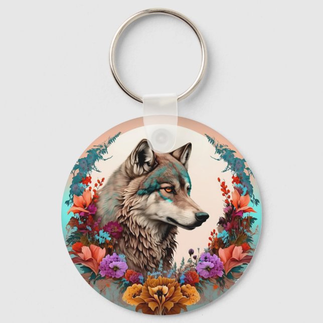 Porte-clés Loup Coloré Avec Fleurs (Recto)