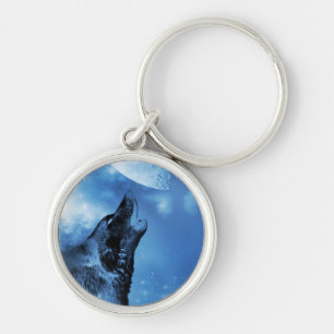 Porte-clés Loup fantôme hurlant sur la lune