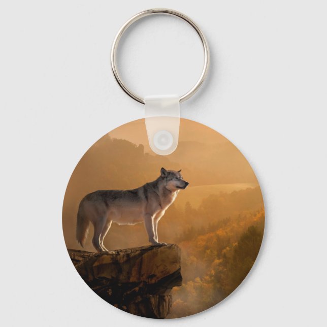 Porte-clés Loup gris debout sur une roche dans la forêt (Recto)