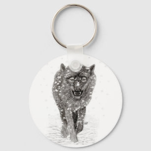 Porte-clés Loup noir en colère dans la neige, hiver sauvage