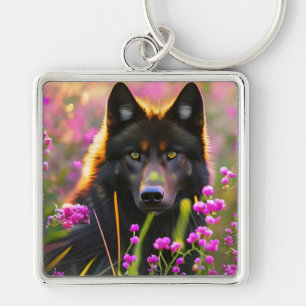 Porte-clés loup noir en fleurs roses
