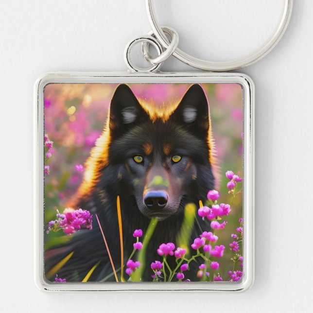 Porte-clés loup noir en fleurs roses (Devant)
