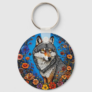 Porte-clés Loup parmi des fleurs vibrantes