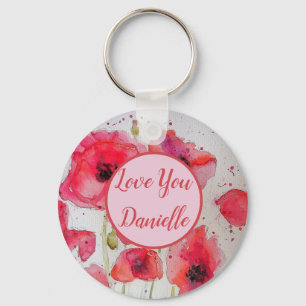 Porte-clés Love You Name Red Poppies Aquarelle Key Ring
