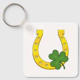 Porte-clés Lucky Golden Horseshoe avec Shamrock en blanc