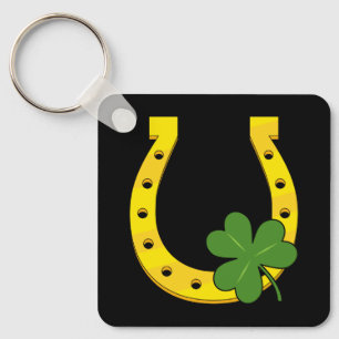 Porte-clés Lucky Golden Horseshoe avec Shamrock sur noir