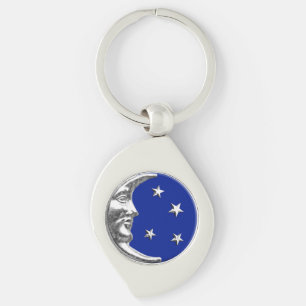 Porte-clés Lune et étoiles Art déco - Bleu de cobalt et argen
