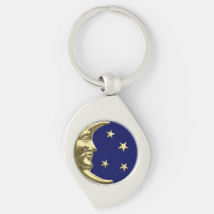 Porte-clés Lune et étoiles d'art déco - bleu marine et or