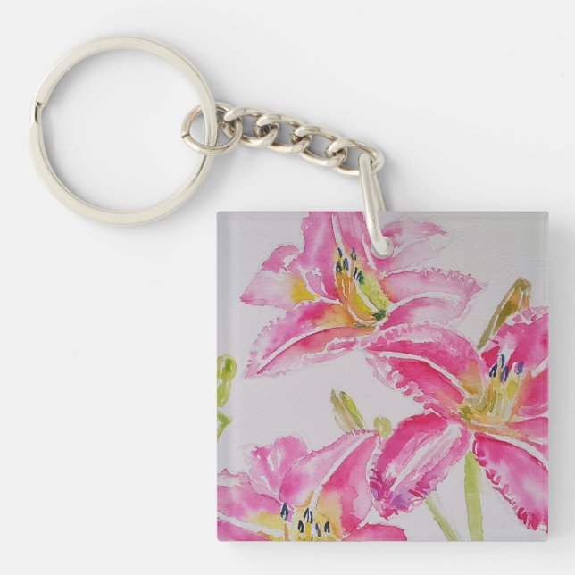 Porte-clés Lys Lily rose Aquarelle Peinture Florale (Devant)