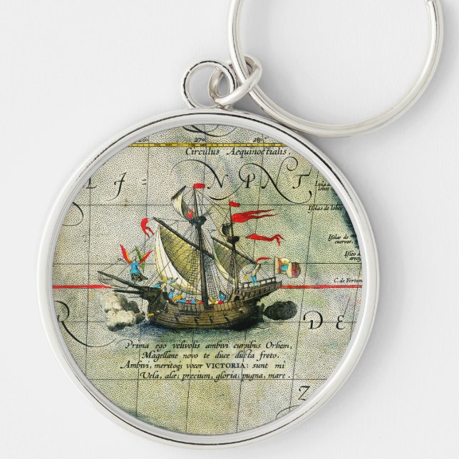 Porte-clés Magellans navire Victoria, Antique Carte Océan Pac (Devant)
