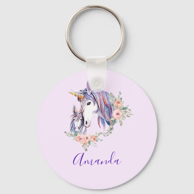 Porte-clés Magique Unicorne maman & bébé aquarelle (Recto)