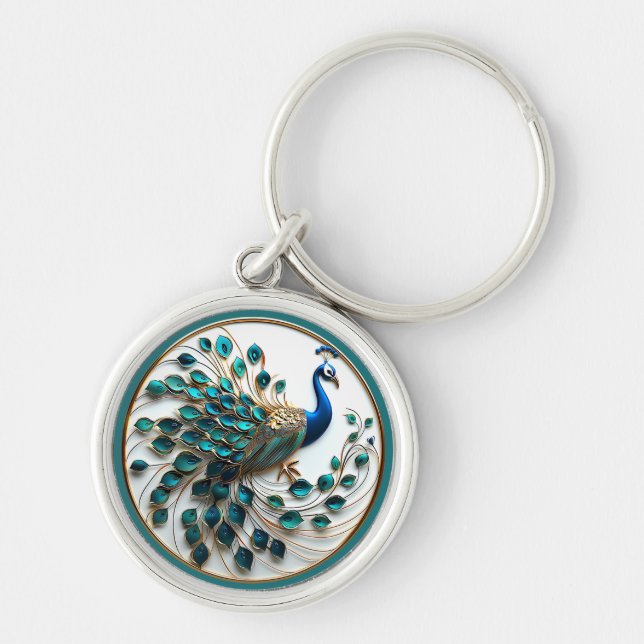 Porte-clés Magnifique Paon Or Turquoise  (Devant)