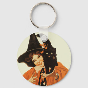 Porte-clés Magnifique sorcière vintage avec un joli chat noir
