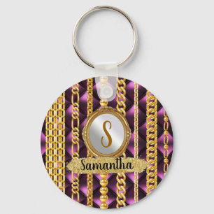 Porte-clés Magnifique Velours Violet Or Monogramme Élégant Ch