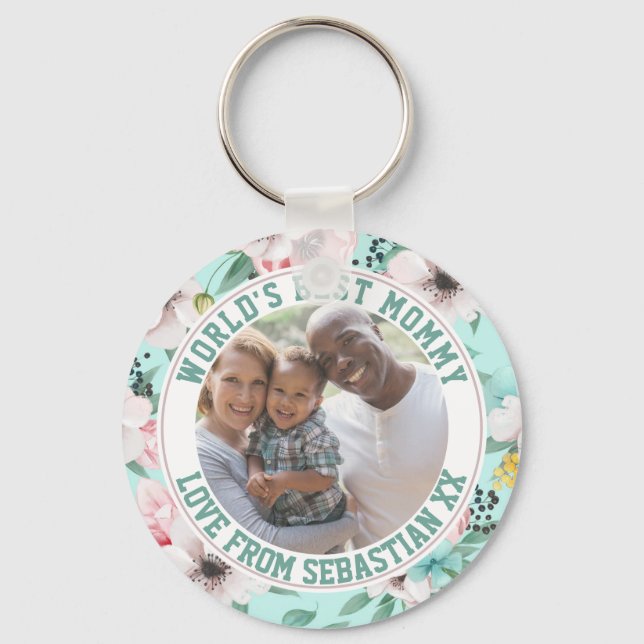 Porte-clés Maman Modèle photo personnalisé Motif de fleurs (Recto)
