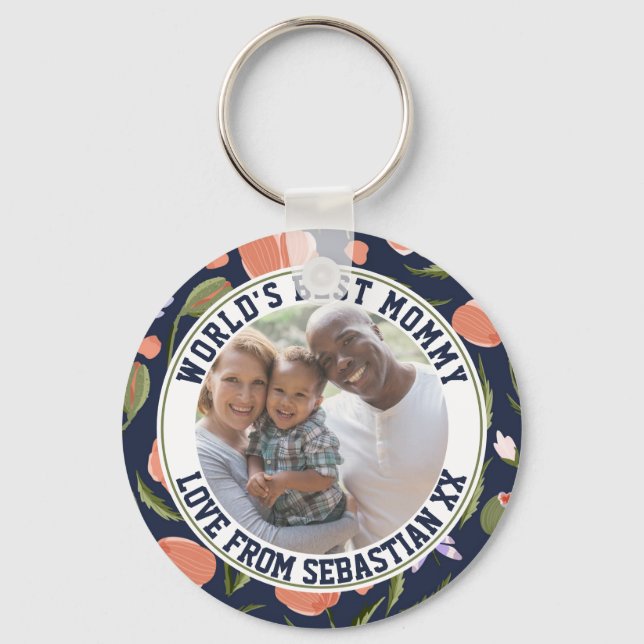 Porte-clés Maman Modèle photo personnalisé Motif de fleurs (Recto)