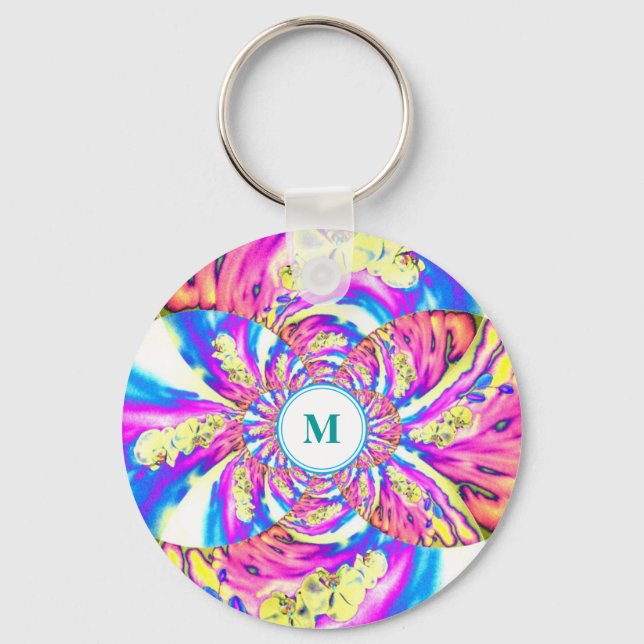 Porte-clés Mandala Abstrait bleu rose rétro floral monogramme (Recto)