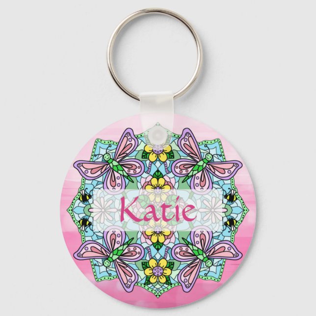 Porte-clés Mandala de papillon rose et bleu personnalisé (Recto)
