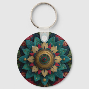 Porte-clés Mandala floral texturé complexe en sarcelle et or