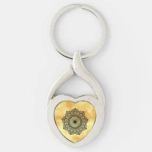Porte-clés Mandala noir sur fond or doux