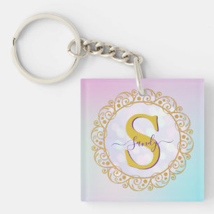 Porte-clés Mandala personnalisé à monogramme or et bleu