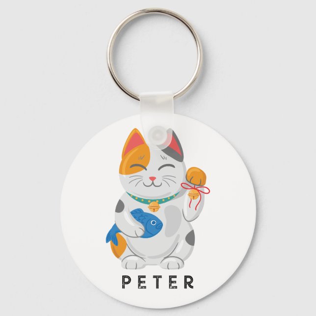 Porte-clés Maneki Neko White Chat, symbole de bonne chance (Recto)
