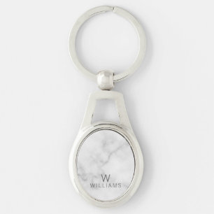 Porte-clés Marbre blanc avec monogramme et nom personnalisés