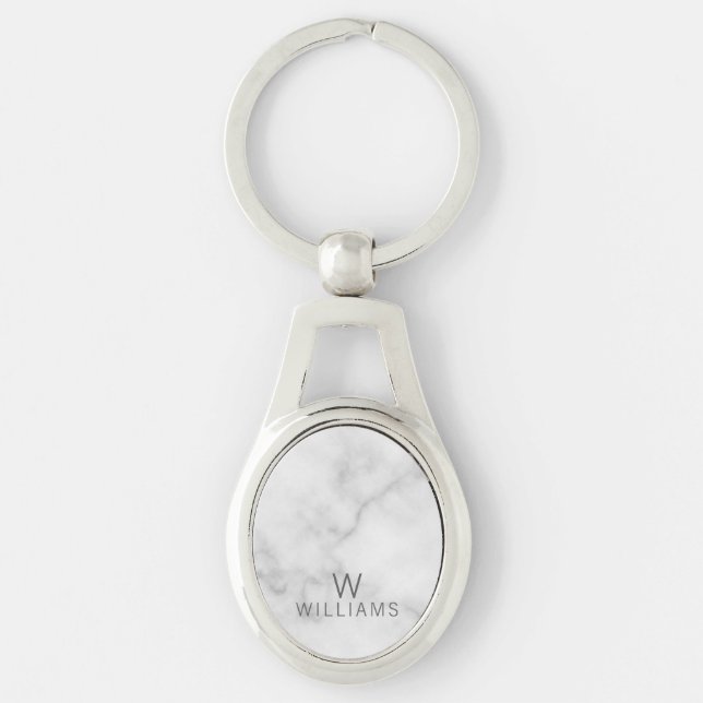 Porte-clés Marbre blanc avec monogramme et nom personnalisés (Devant)
