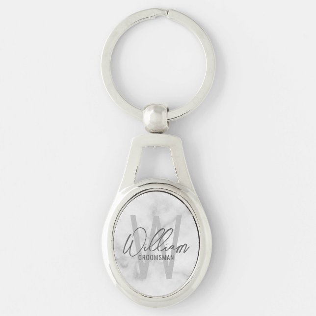 Porte-clés Marbre blanc Script moderne Groomsmen personnalisé (Devant)