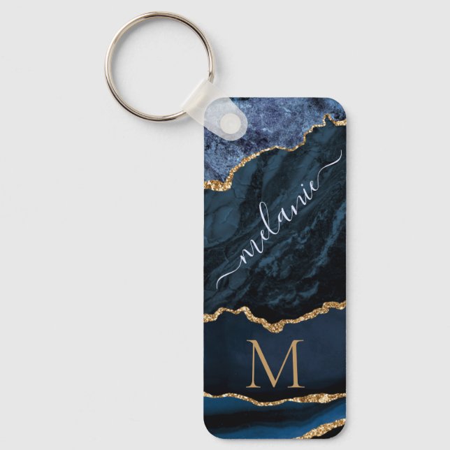 Porte-clés Marbre bleu marine Monogramme Nom Porte - clé (Recto)