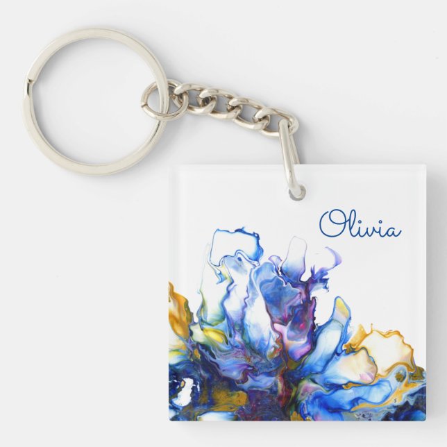 Porte-clés Marbre bleu personnalisé Agate Fluid Art Nom (Devant)