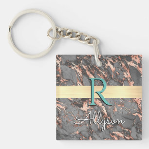 Porte-clés Marbre gris et Rose or, Barre d'or, Nom et Monogra