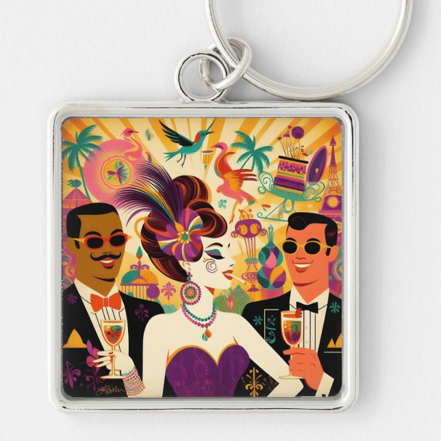 Porte-clés Mardi Gras Cocktail Party du milieu du siècle (Devant)
