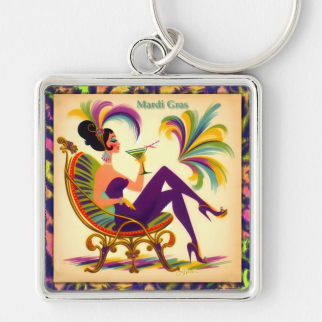 Porte-clés Mardi Gras Femme Au Milieu Du Siècle Avec Martini (Devant)