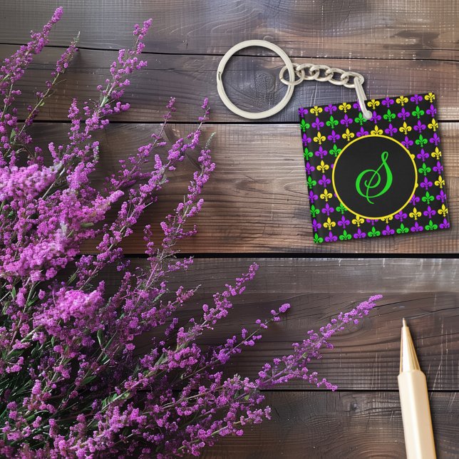 Porte-clés Mardi Gras Fleur de Lis Motif Monogramme personnal (Créateur téléchargé)