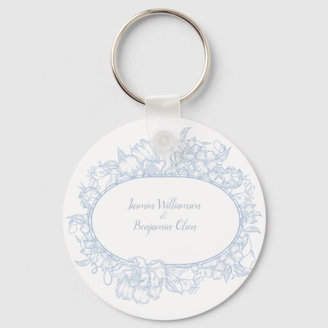 Porte-clés Mariage Élégant Bleu Floral Open House I (Recto)