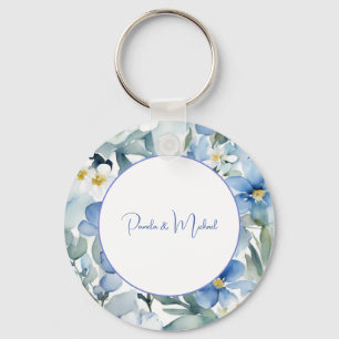 Porte-clés Mariage élégant minimaliste classique bleu floral