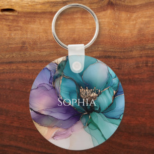 Porte-clés Mariage Fleur Bleu Or Aqua Violet Fête de Mariée